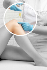 Doctor doing stem cell therapy on a patient's knee after the injury. Treating knee pain with...