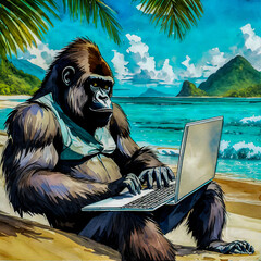 A realistic looking gorilla using a laptop at the beach with turquoise waters
