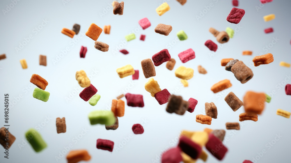 Poster vibrant and lively image capturing bunch of different colored candies flying in air. this picture ca