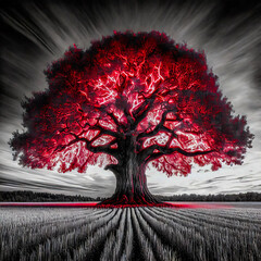 A Very Tall Dead Oak Tree with lots of branches with red lighting and a black and white background.