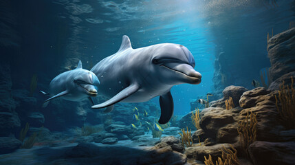 Dolphins swimming gracefully in water. Perfect for marine life illustrations or educational materials.