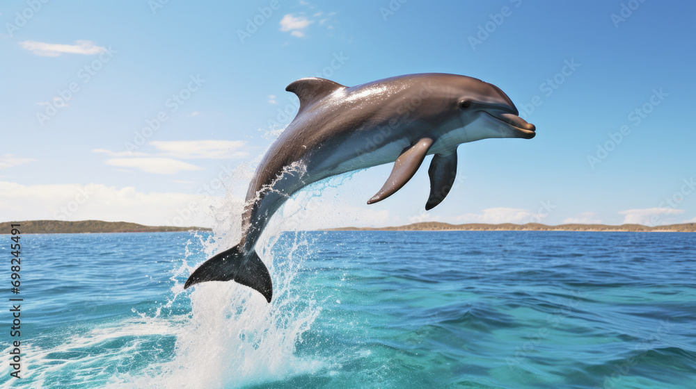 Poster captivating image of dolphin leaping out of water. perfect for adding touch of excitement and wonder