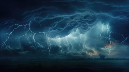 Powerful storm cloud with vibrant lightning strikes. Perfect for illustrating intensity and drama of thunderstorm. - obrazy, fototapety, plakaty