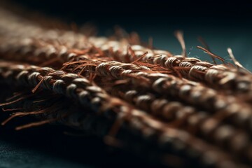 Macro close-up of baseball stitch seam fibers and threads with shallow depth of field, suitable for copy space. Generative AI - obrazy, fototapety, plakaty