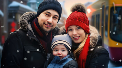 Heartwarming image of man and woman holding their baby in front of train. Perfect for illustrating joy of parenthood and excitement of travel. .