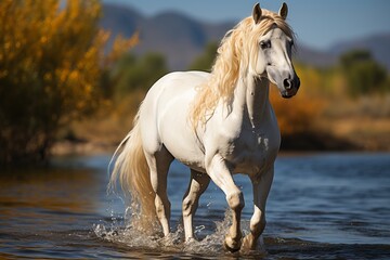 White horse elegantly walking on the water against the backdrop of an autumn landscape with mountains Concept: horse breeding