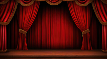 Stage with red curtains and wooden floor. Perfect for theater productions and performances.