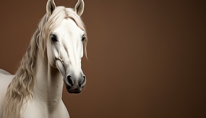 Portrait of a white horse with a long mane against a soft brown background. Concept: veterinary materials, advertising of horse farms and publications about equestrian sports