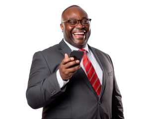 Happy African American businessman with cell phone, cut out
