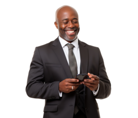 Happy African American businessman with cell phone, cut out