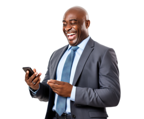 Happy African American businessman with cell phone, cut out