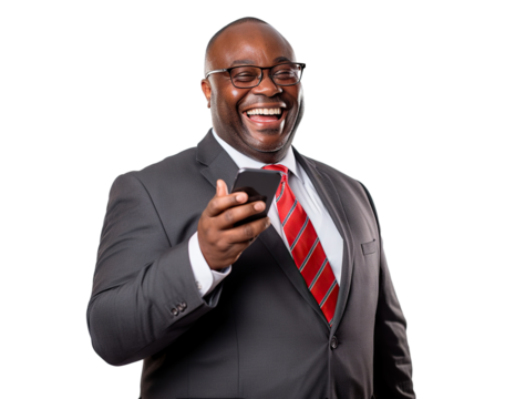 Happy African American businessman with cell phone, cut out