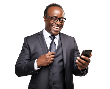 Happy African American businessman with cell phone, cut out