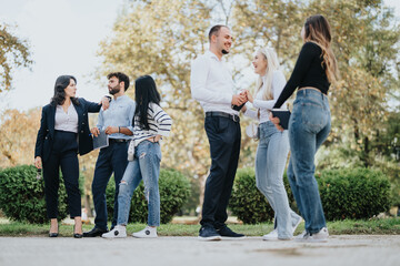 Fototapeta premium University students collaborate in a park discussing topics, achieving goals, and working towards better results. Effective learning, teamwork, and preparation for exams enhance success.