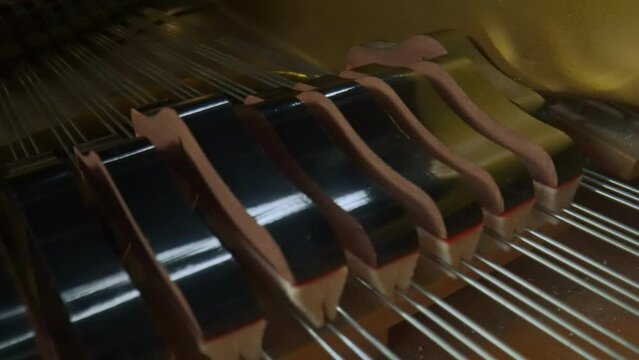Close up studio shot of classical piano. Shot inside the piano with wooden surface and hammers striking over the strings creating sound.