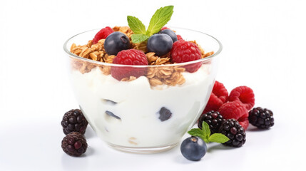 Delicious bowl of yogurt topped with fresh berries and garnished with mint leaves. Perfect for healthy breakfast or snack option.