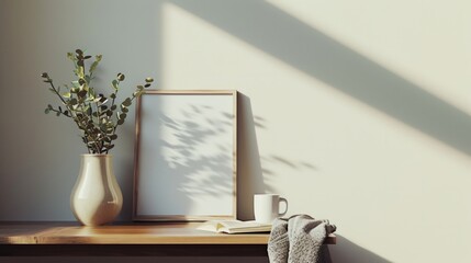 Serene still life with a vase of eucalyptus, blank frame, open book, and mug on a wooden shelf, bathed in sunlight