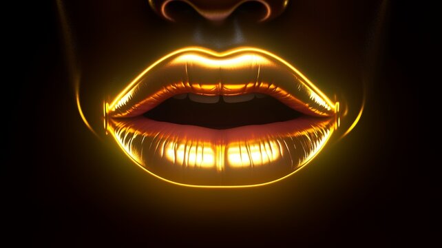 Golden neon tube lights from the lips beautiful image Ai generated art