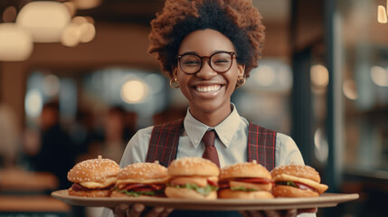 Woman is pictured holding tray of delicious hamburgers. This image can be used to showcase food catering, restaurant promotions, or backyard barbecues.