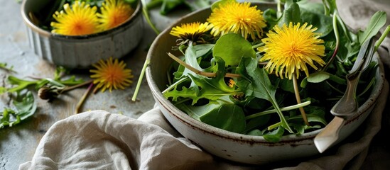 Nourishing spring meal: dandelion salad and dressing.