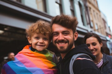 Obraz premium Smiling portrait of a father with child at gay pride parade