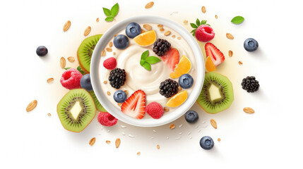 Delicious bowl of yogurt topped with fresh fruit and crunchy nuts. Perfect for healthy breakfast or snack. - obrazy, fototapety, plakaty