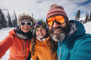 Portrait of a young family of skiers at ski resort