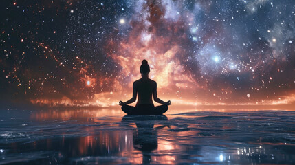 A woman meditates against the backdrop of the universe, yoga