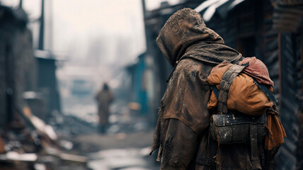 His clothes were stained with ashes and soot, and on his back lay a bundle of belongings. A post-apocalyptic shot . Generative AI