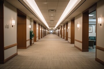 Modern corporate building hallway with glass walls and LED lighting - obrazy, fototapety, plakaty