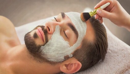Man receiving a Facial Clay Mask in Wellness Resort or Spa - Relaxation and Skin Care done by Beautician