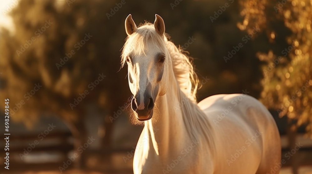 Poster white horse standing on top of dirt field. this versatile image can be used in various contexts.