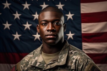 Portrait of a young soldier with USA flag in the background - obrazy, fototapety, plakaty