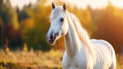 White horse gracefully standing on top of vibrant and lush green field. Perfect for nature and animal-themed projects. - obrazy, fototapety, plakaty