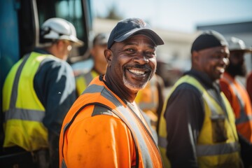 Portrait of smiling man sanitation worker by garbage truck - obrazy, fototapety, plakaty