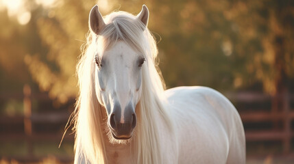 White horse standing in fenced area. Suitable for equestrian themes or farm-related designs.