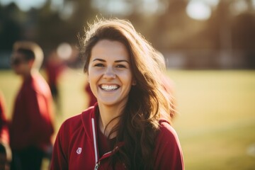 Portrait of a smiling female coach during practice with soccer team