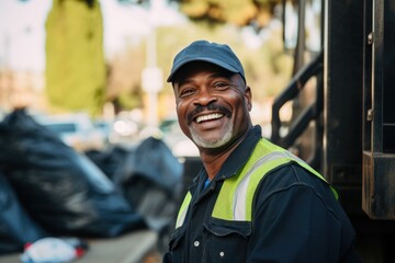 Portrait of smiling man sanitation worker by garbage truck