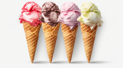 Row of ice cream cones on white surface. Suitable for dessert menus and summer-themed designs.
