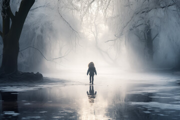 A young child is walking on the fragile ice of a lake that is starting to melt in late winter or early spring. The view is from behind. Risk of falling into the water and drowning as the ice thaws - obrazy, fototapety, plakaty