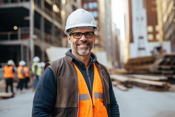 Portrait of a mature businessman at construction site - obrazy, fototapety, plakaty
