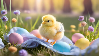 Spring Easter chicks with Easter eggs in the grass. Garden with beautiful flowers at sunset. Spring flowers and nature. Bokeh and natural warm light. Cute baby chickens. Easter background. 