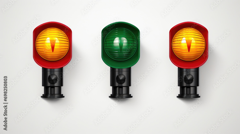 Poster three traffic lights are pictured on white surface. this image can be used to illustrate concepts re