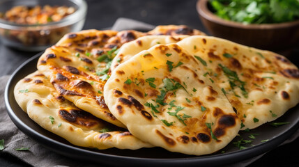 Plate of flatbreads with bowl of salad in background. Perfect for food enthusiasts and healthy...