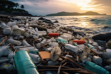 Plastic Waste Littering a Lakeshore at Sunset