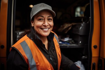 Smiling portrait of a delivery woman outside - obrazy, fototapety, plakaty