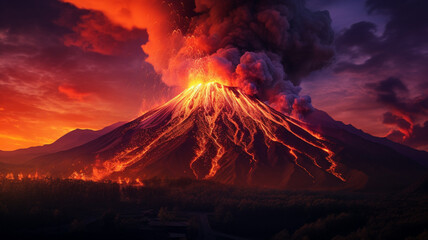 volcano with smoke billowing up and lava
