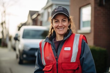 Smiling portrait of a delivery woman outside - obrazy, fototapety, plakaty