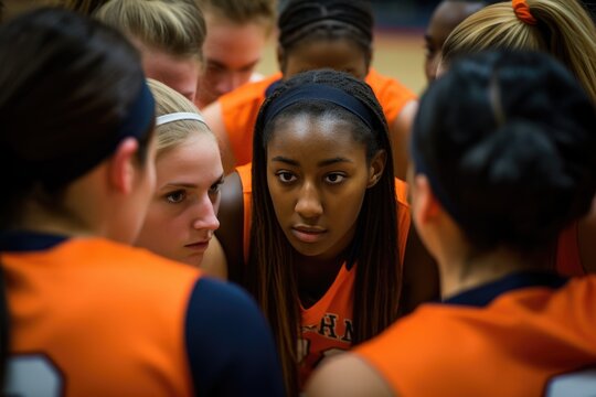Female sports team in a huddle