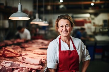 Portrait of a middle aged female butcher in meat shop